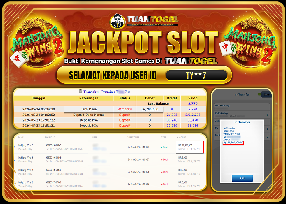 TUANTOGEL JACKPOT SLOT MAHJONG WINS 2 Rp 16.700.000,- LUNAS